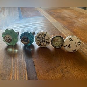 Assortment of Anthropologie Vintage Style Drawer Knobs Map, Compass, Clock